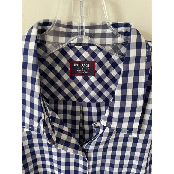 UNTUCKit Gingham Plaid Long Sleeve Button Down Shirt Navy Blue White Size 2 - Picture 6 of 11